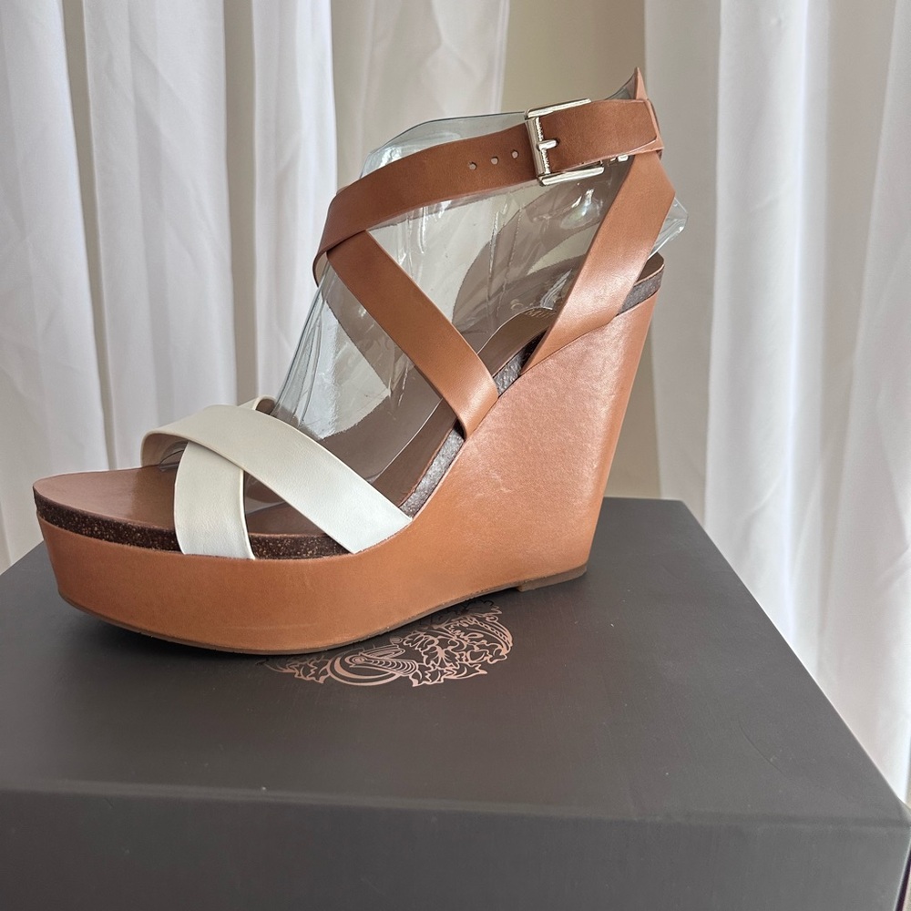 Vince Camuto Tan and Cream Wedge Sandals
